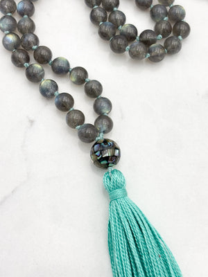 labradorite gemstone mala with abalone shell guru bead and green tassel | radiant malas | handmade in boulder, colorado