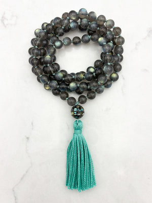 labradorite gemstone mala with abalone shell guru bead and green tassel | radiant malas | handmade in boulder, colorado
