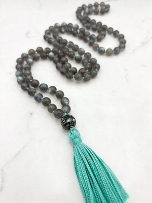 labradorite gemstone mala with abalone shell guru bead and green tassel | radiant malas | handmade in boulder, colorado