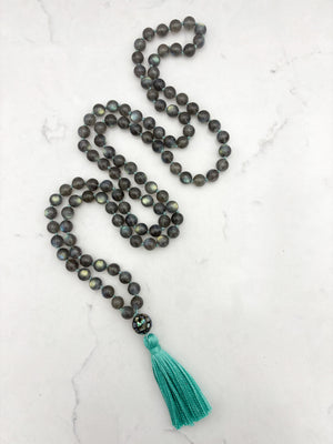 labradorite gemstone mala with abalone shell guru bead and green tassel | radiant malas | handmade in boulder, colorado