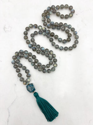 labradorite gemstone mala with blue apatite guru bead and green tassel | radiant malas | handmade in boulder, colorado