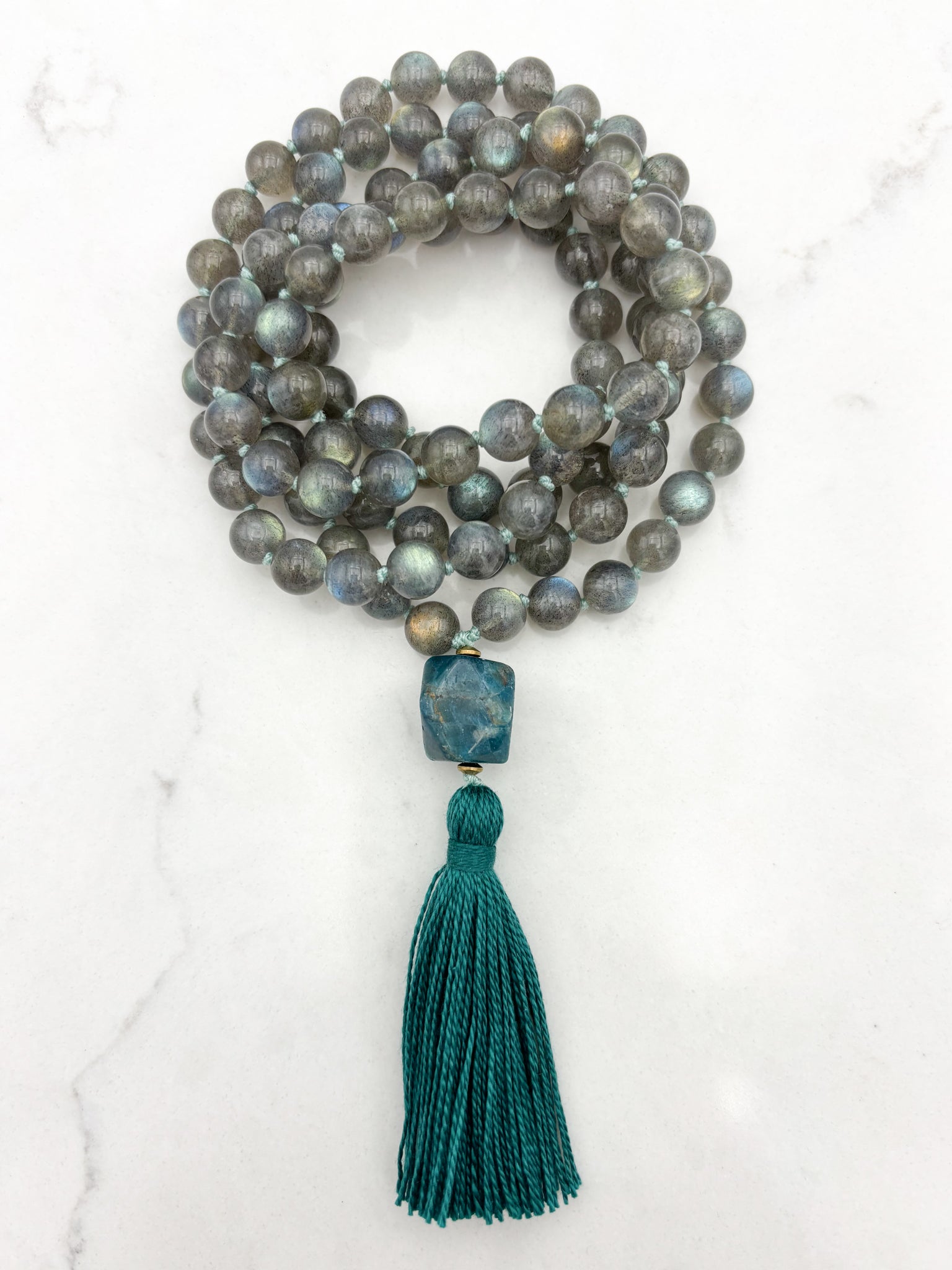 labradorite gemstone mala with blue apatite guru bead and green tassel | radiant malas | handmade in boulder, colorado