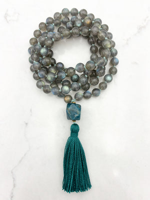 labradorite gemstone mala with blue apatite guru bead and green tassel | radiant malas | handmade in boulder, colorado