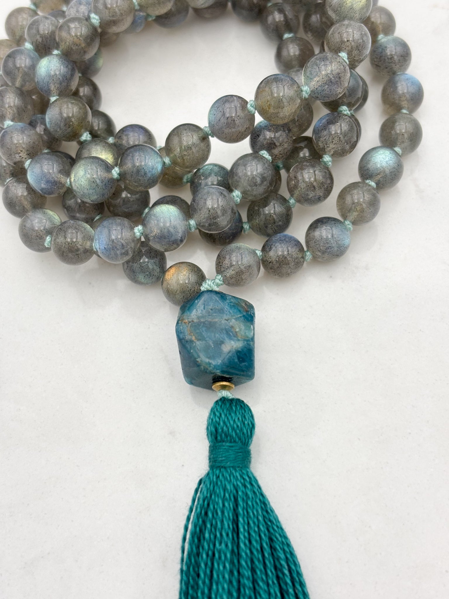 labradorite gemstone mala with blue apatite guru bead and green tassel | radiant malas | handmade in boulder, colorado