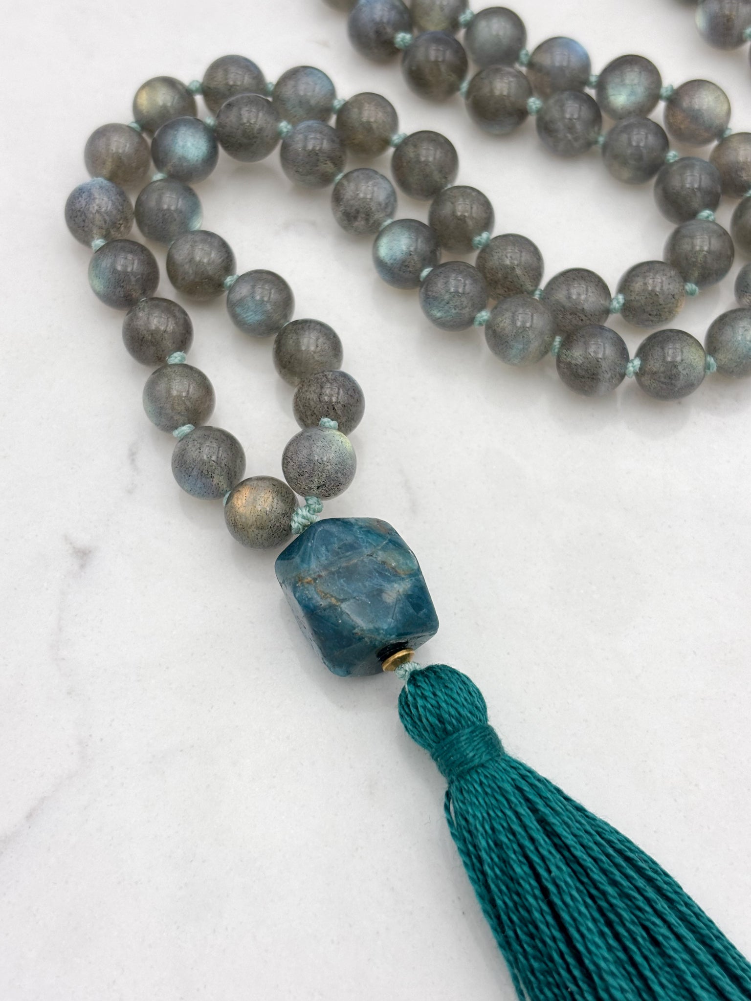 labradorite gemstone mala with blue apatite guru bead and green tassel | radiant malas | handmade in boulder, colorado