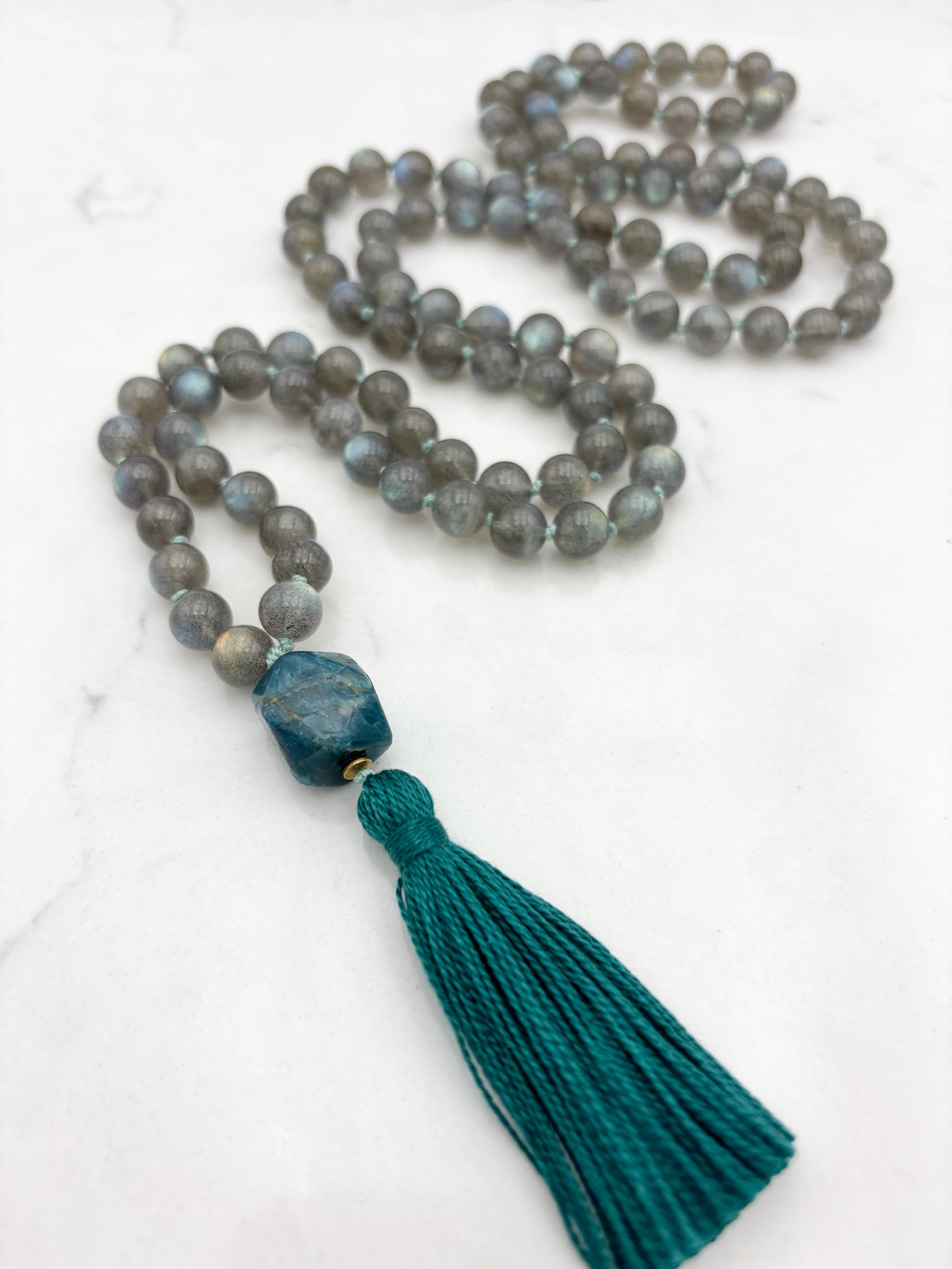 labradorite gemstone mala with blue apatite guru bead and green tassel | radiant malas | handmade in boulder, colorado