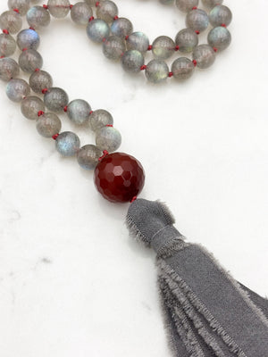 labradorite gemstone mala with carnelian guru bead and gray silk tassel | radiant malas | handmade in boulder, colorado