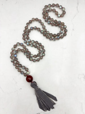 labradorite gemstone mala with carnelian guru bead and gray silk tassel | radiant malas | handmade in boulder, colorado