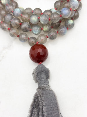 labradorite gemstone mala with carnelian guru bead and gray silk tassel | radiant malas | handmade in boulder, colorado