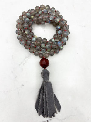 labradorite gemstone mala with carnelian guru bead and gray silk tassel | radiant malas | handmade in boulder, colorado