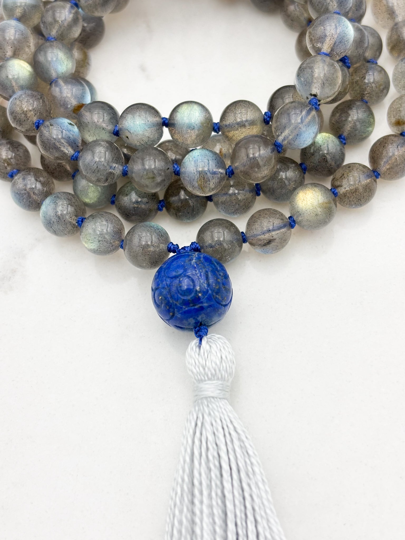labradorite gemstone mala with carved lapis guru bead and gray tassel | radiant malas | handmade in boulder, colorado