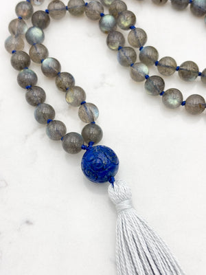 labradorite gemstone mala with carved lapis guru bead and gray tassel | radiant malas | handmade in boulder, colorado