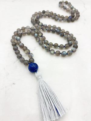 labradorite gemstone mala with carved lapis guru bead and gray tassel | radiant malas | handmade in boulder, colorado