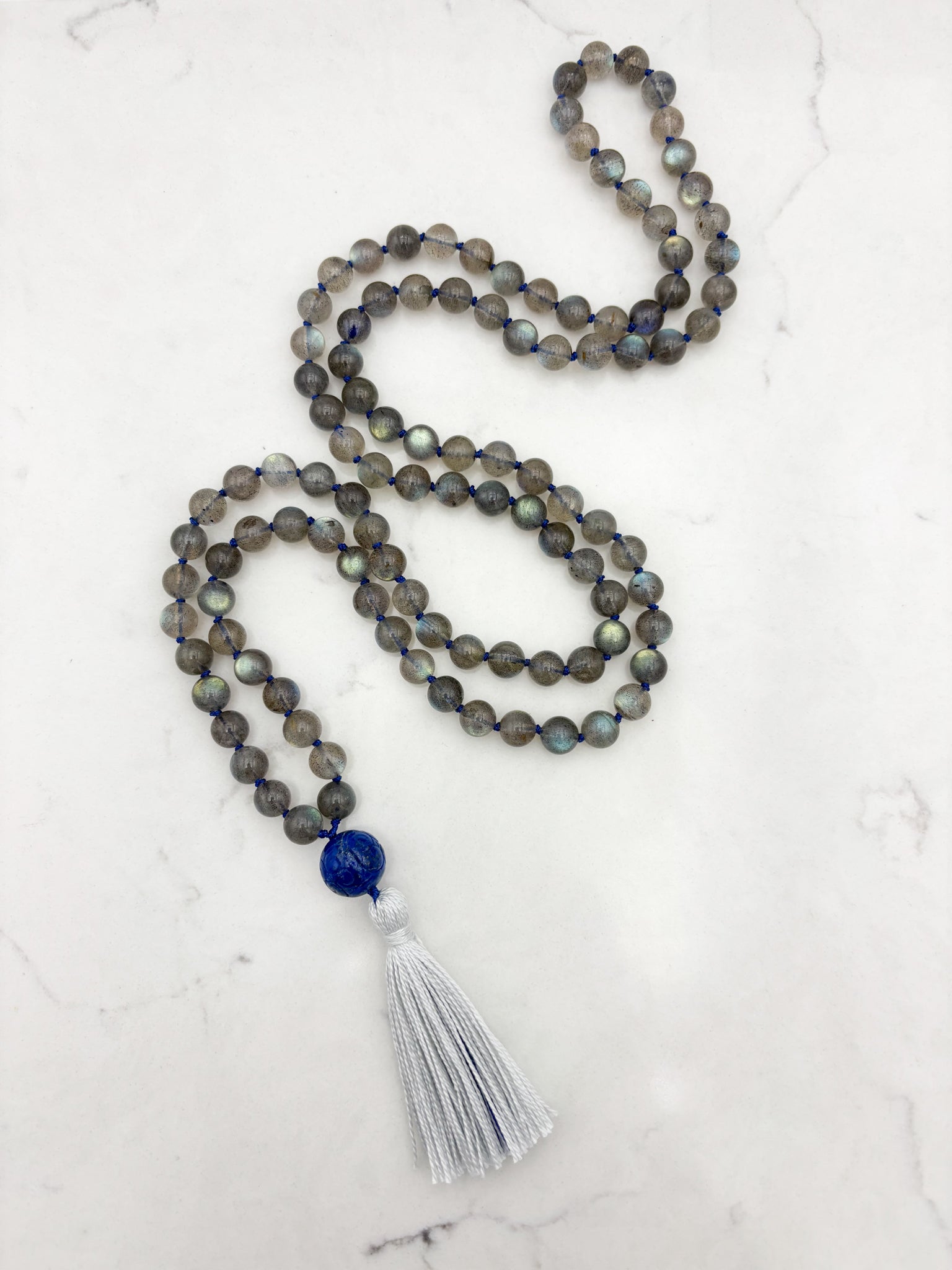labradorite gemstone mala with carved lapis guru bead and gray tassel | radiant malas | handmade in boulder, colorado