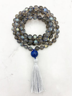 labradorite gemstone mala with carved lapis guru bead and gray tassel | radiant malas | handmade in boulder, colorado
