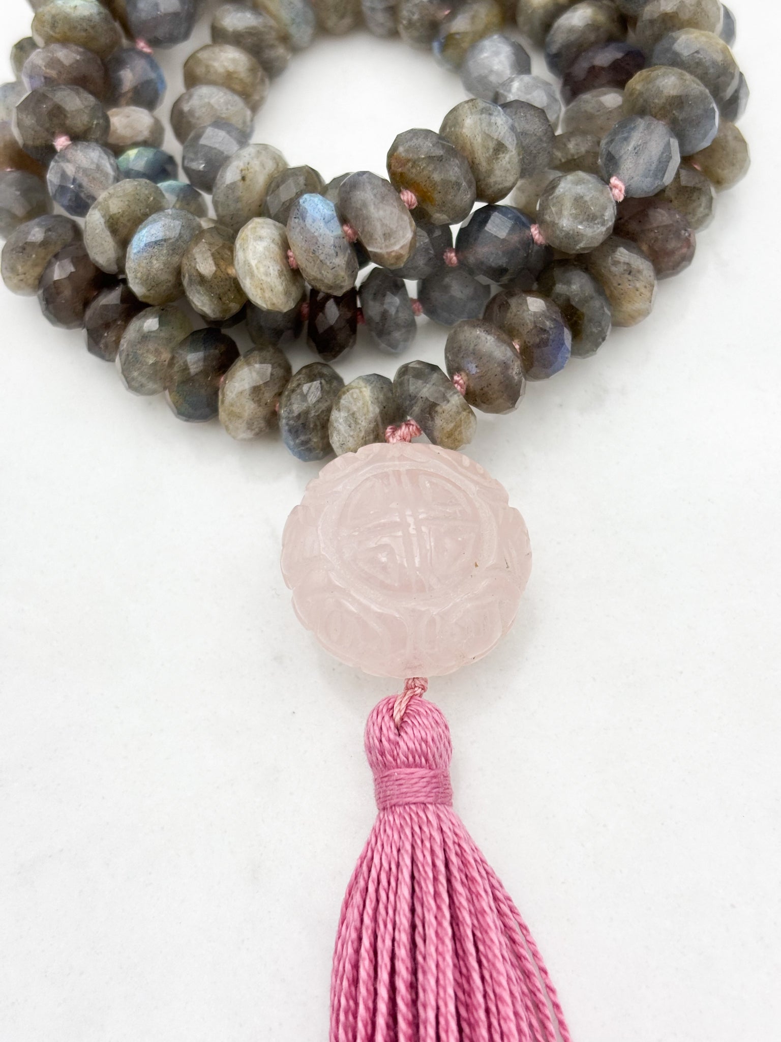 labradorite gemstone mala with carved rose quartz guru bead and pink tassel | radiant malas | handmade in boulder, colorado