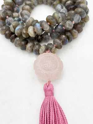 labradorite gemstone mala with carved rose quartz guru bead and pink tassel | radiant malas | handmade in boulder, colorado