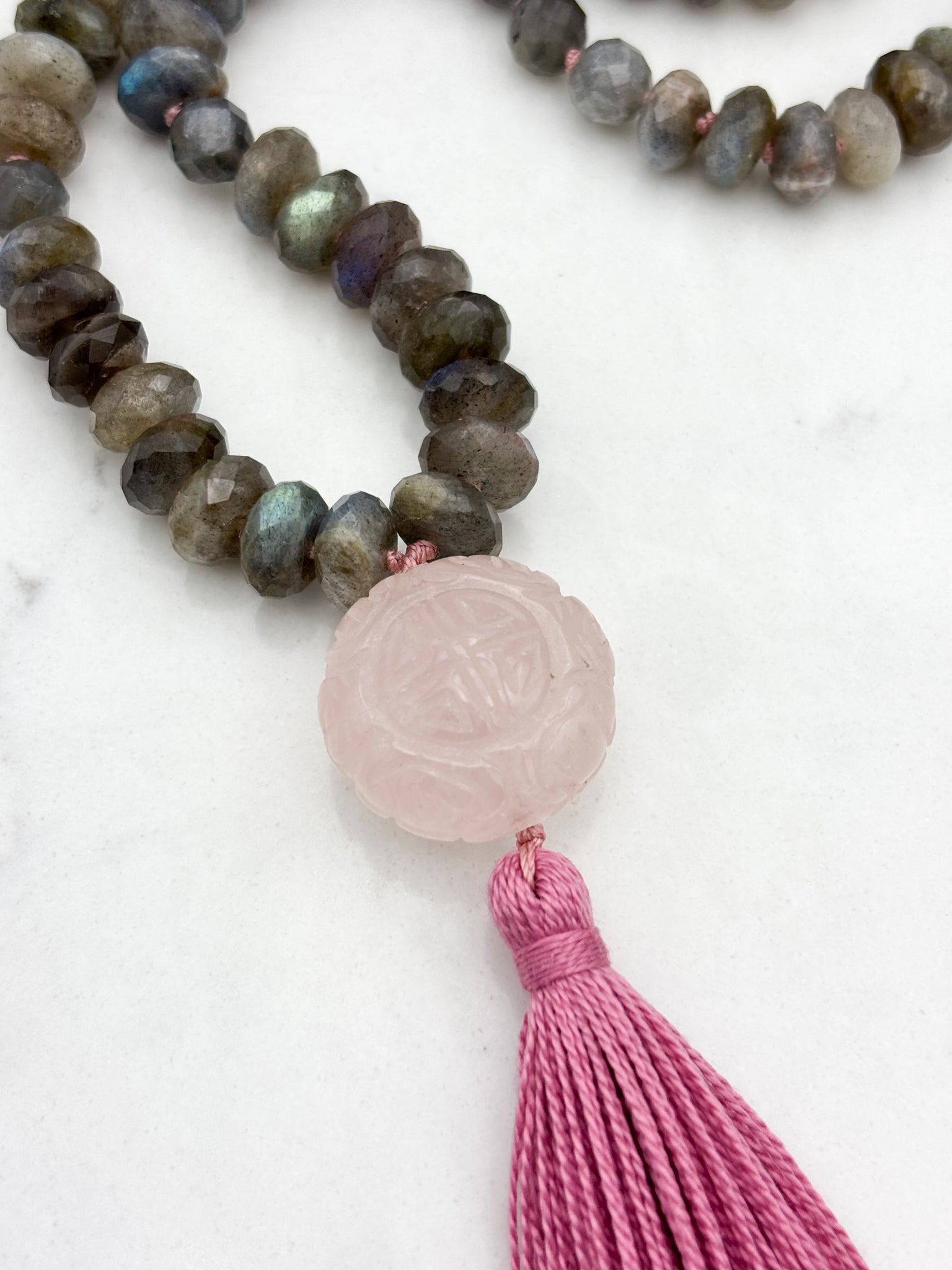 labradorite gemstone mala with carved rose quartz guru bead and pink tassel | radiant malas | handmade in boulder, colorado
