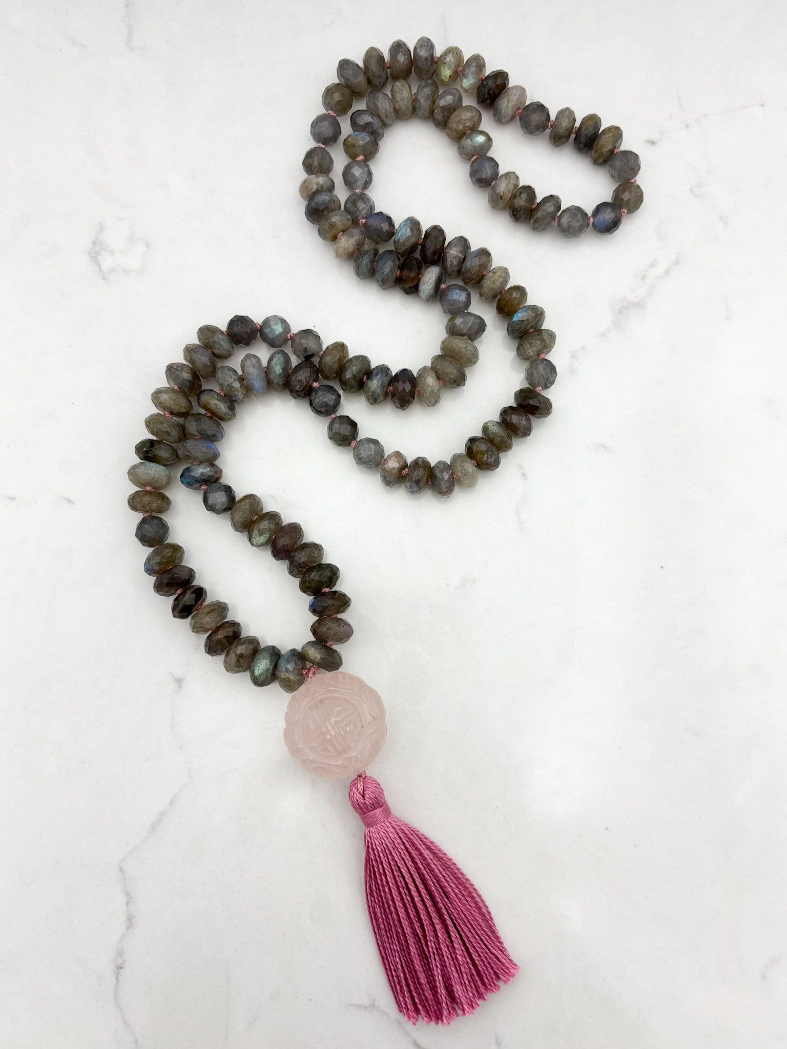 labradorite gemstone mala with carved rose quartz guru bead and pink tassel | radiant malas | handmade in boulder, colorado
