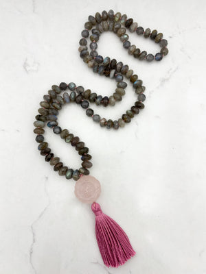 labradorite gemstone mala with carved rose quartz guru bead and pink tassel | radiant malas | handmade in boulder, colorado