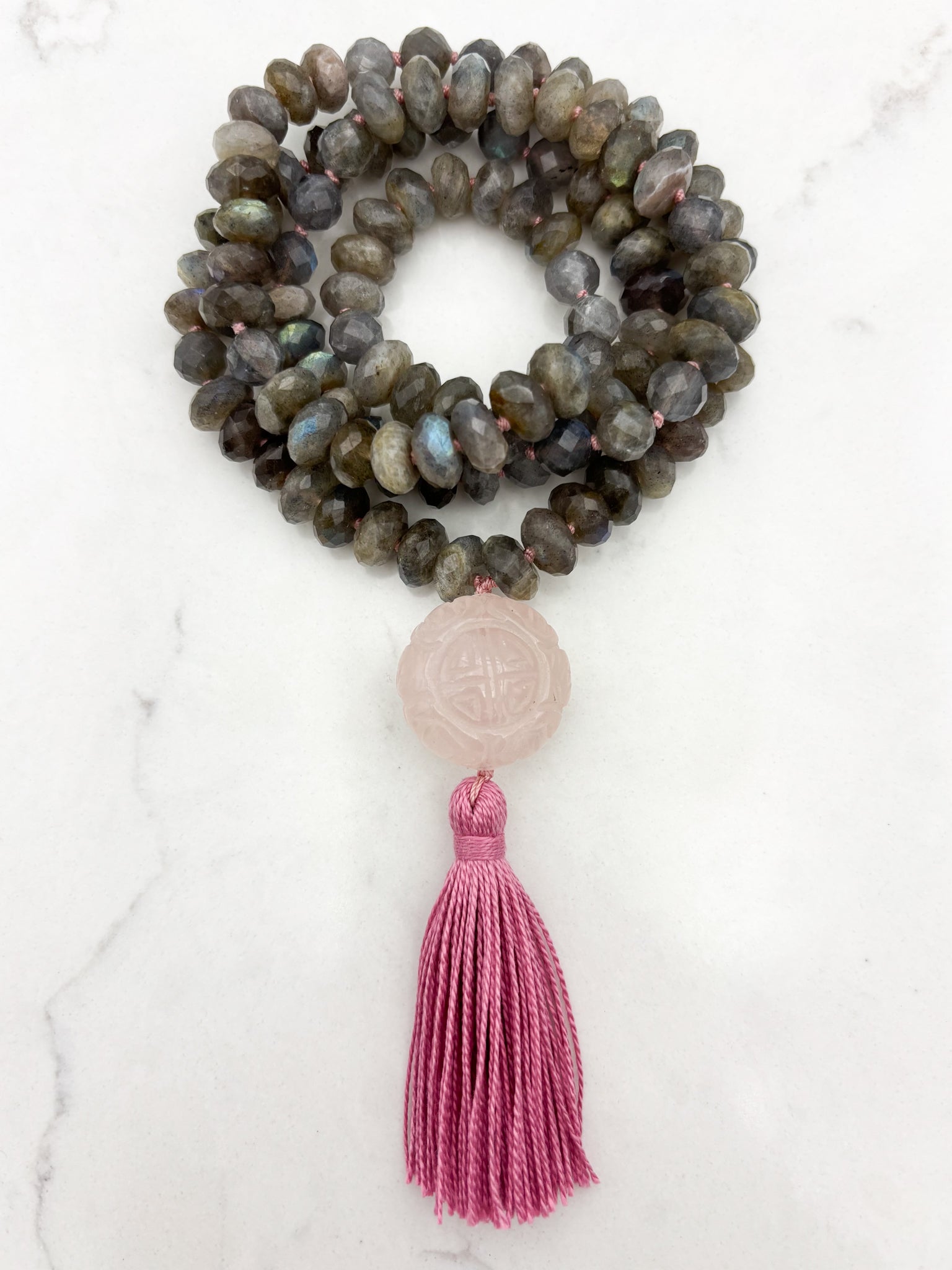 labradorite gemstone mala with carved rose quartz guru bead and pink tassel | radiant malas | handmade in boulder, colorado