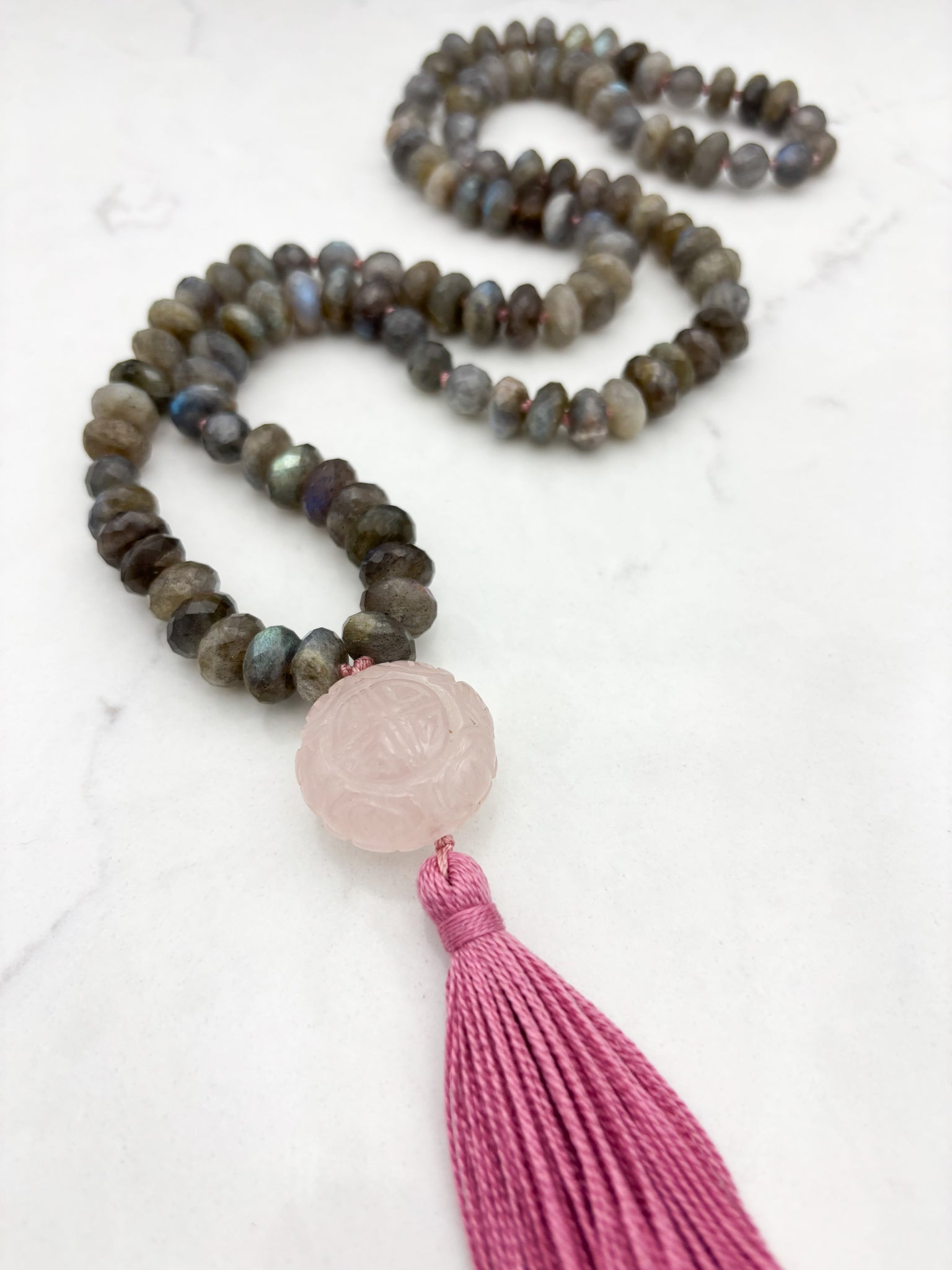 labradorite gemstone mala with carved rose quartz guru bead and pink tassel | radiant malas | handmade in boulder, colorado