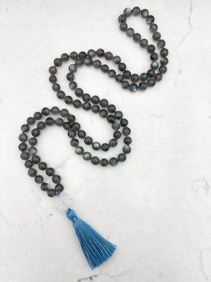 labradorite gemstone mala with clear quartz lotus guru bead and light blue tassel | radiant malas | handmade in boulder, colorado