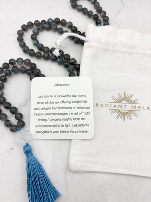 labradorite gemstone mala with clear quartz lotus guru bead and light blue tassel | radiant malas | handmade in boulder, colorado