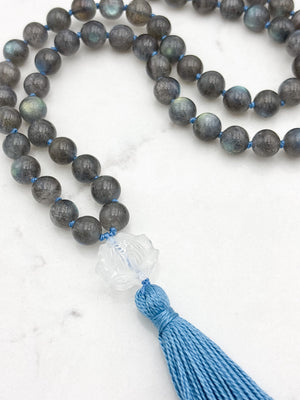 labradorite gemstone mala with clear quartz lotus guru bead and light blue tassel | radiant malas | handmade in boulder, colorado