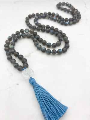 labradorite gemstone mala with clear quartz lotus guru bead and light blue tassel | radiant malas | handmade in boulder, colorado