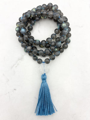 labradorite gemstone mala with clear quartz lotus guru bead and light blue tassel | radiant malas | handmade in boulder, colorado