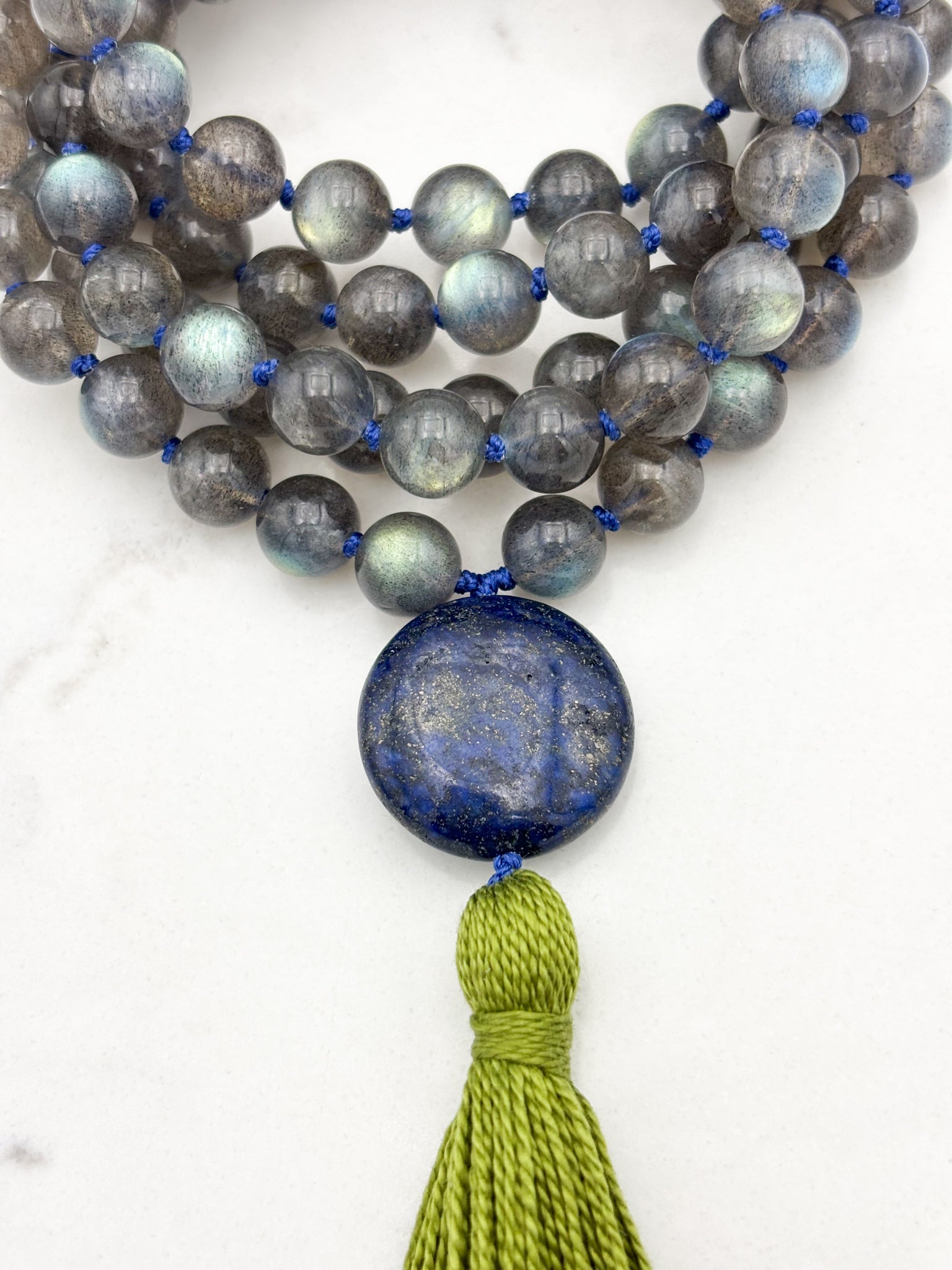 labradorite gemstone mala with lapis guru bead and green tassel | radiant malas | handmade in boulder, colorado