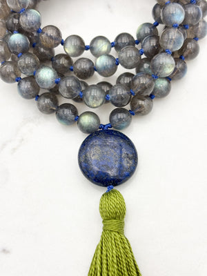 labradorite gemstone mala with lapis guru bead and green tassel | radiant malas | handmade in boulder, colorado