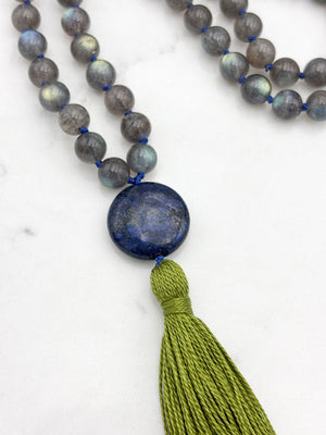 labradorite gemstone mala with lapis guru bead and green tassel | radiant malas | handmade in boulder, colorado