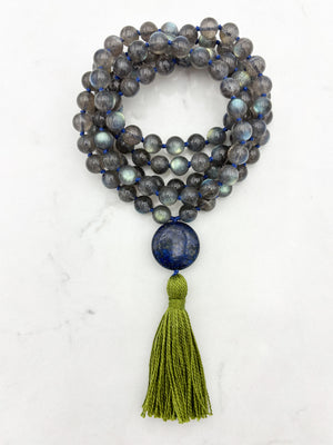 labradorite gemstone mala with lapis guru bead and green tassel | radiant malas | handmade in boulder, colorado