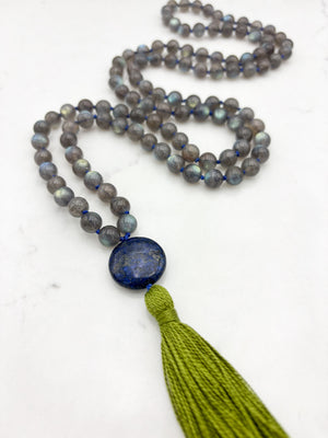 labradorite gemstone mala with lapis guru bead and green tassel | radiant malas | handmade in boulder, colorado