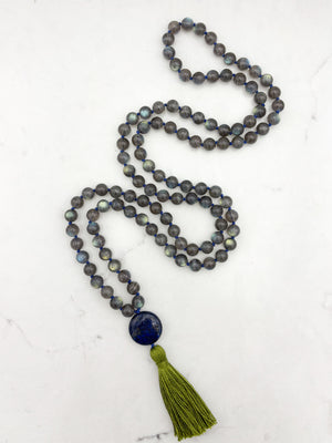 labradorite gemstone mala with lapis guru bead and green tassel | radiant malas | handmade in boulder, colorado