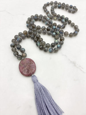 labradorite gemstone mala with rhodonite guru bead and gray tassel | radiant malas | handmade in boulder, colorado