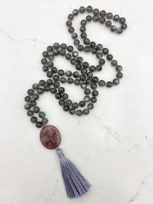 labradorite gemstone mala with rhodonite guru bead and gray tassel | radiant malas | handmade in boulder, colorado