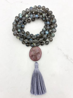 labradorite gemstone mala with rhodonite guru bead and gray tassel | radiant malas | handmade in boulder, colorado