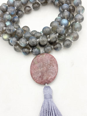 labradorite gemstone mala with rhodonite guru bead and gray tassel | radiant malas | handmade in boulder, colorado
