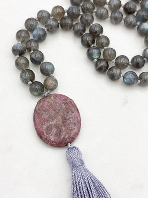 labradorite gemstone mala with rhodonite guru bead and gray tassel | radiant malas | handmade in boulder, colorado