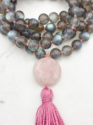 labradorite gemstone mala with rose quartz  guru bead and pink tassel | radiant malas | handmade in boulder, colorado