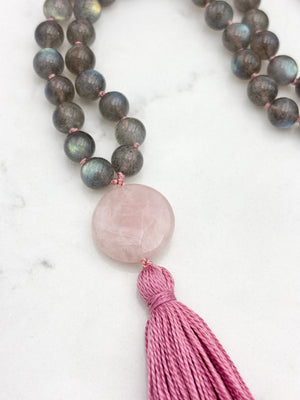 labradorite gemstone mala with rose quartz  guru bead and pink tassel | radiant malas | handmade in boulder, colorado