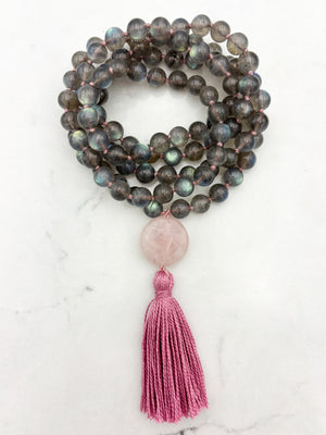 labradorite gemstone mala with rose quartz  guru bead and pink tassel | radiant malas | handmade in boulder, colorado