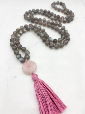labradorite gemstone mala with rose quartz  guru bead and pink tassel | radiant malas | handmade in boulder, colorado