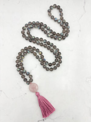 labradorite gemstone mala with rose quartz  guru bead and pink tassel | radiant malas | handmade in boulder, colorado