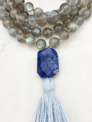 labradorite gemstone mala with sodalite guru bead and light blue tassel | radiant malas | handmade in boulder, colorado