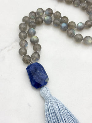 labradorite gemstone mala with sodalite guru bead and light blue tassel | radiant malas | handmade in boulder, colorado