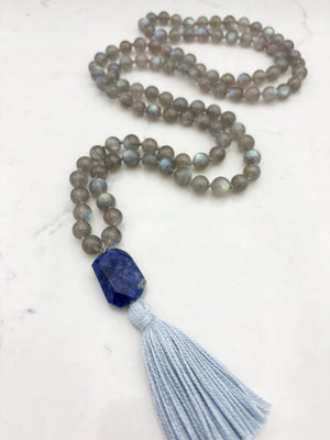 labradorite gemstone mala with sodalite guru bead and light blue tassel | radiant malas | handmade in boulder, colorado